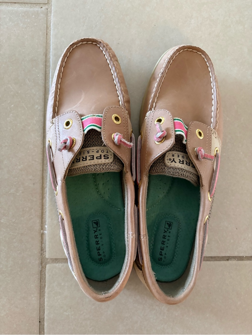 Sperry Top-Sider Bluefish Boat Shoes Tan Leather Pink Green Trim Women's Size 7